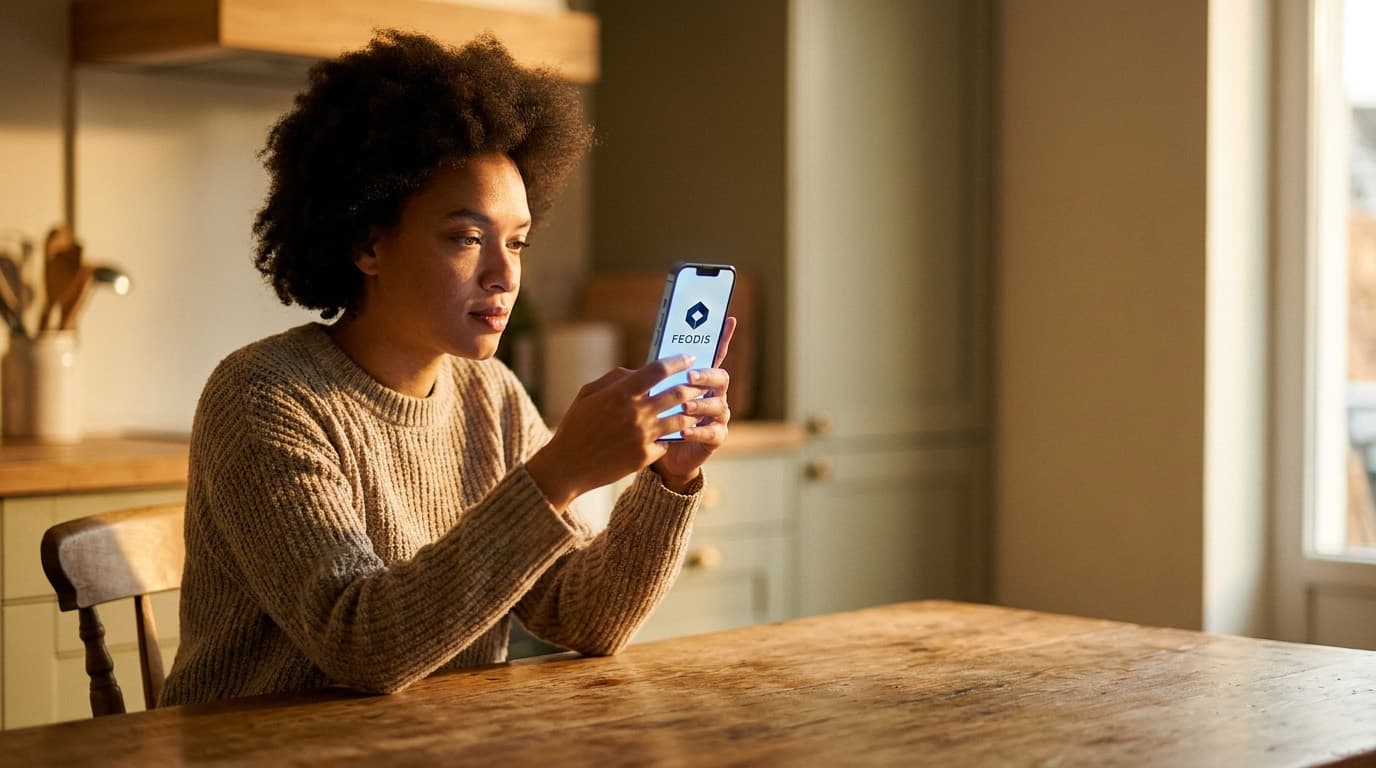 Checking a credit score on a phone in a kitchen