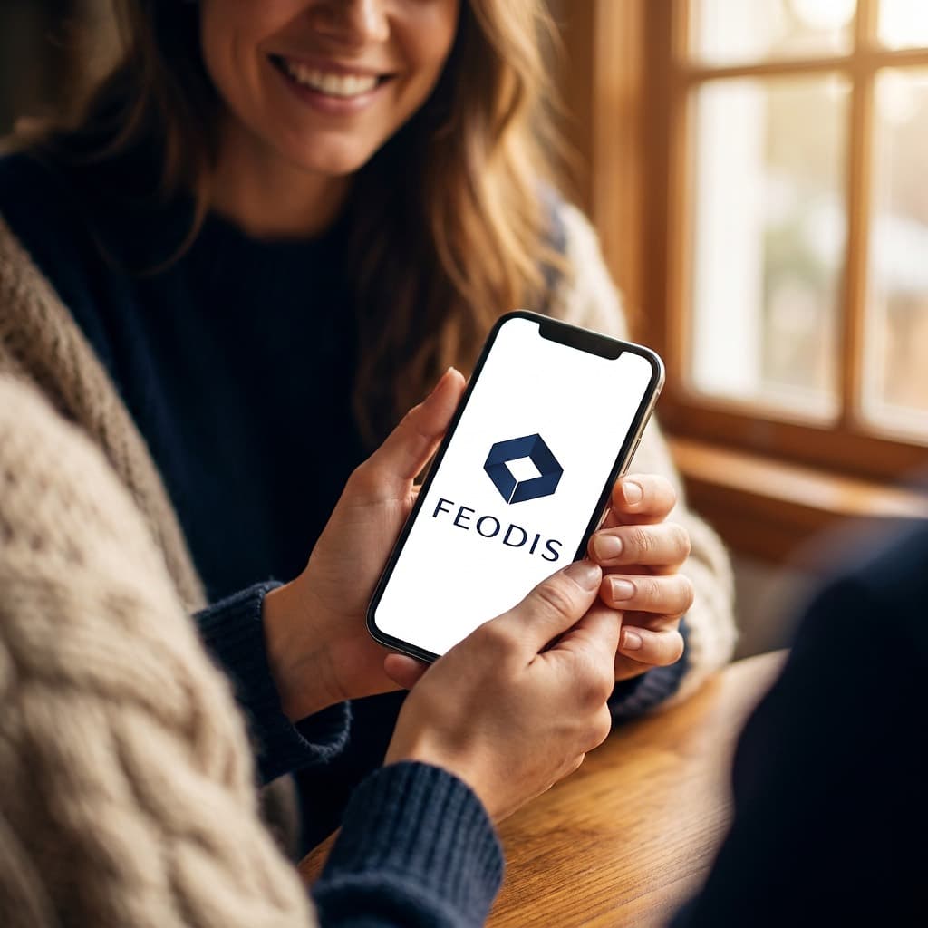 A person holding a phone showing the Feodis logo